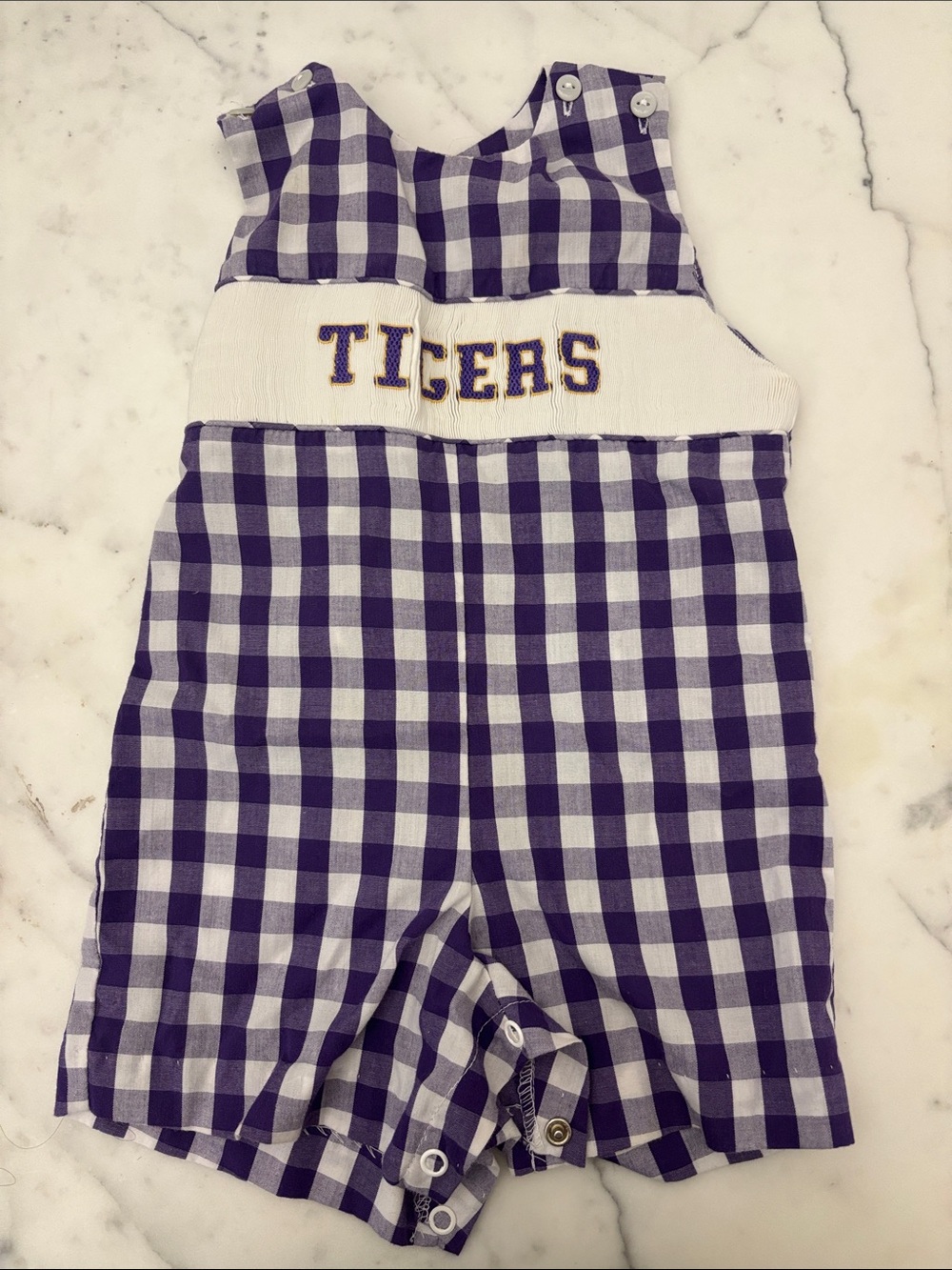 Purple Gingham LSU 'Tigers' Baby Romper
